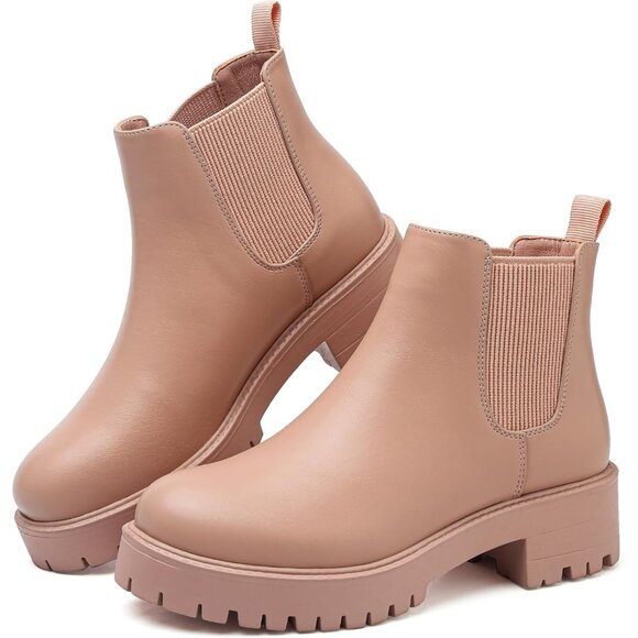 Girls Pink Pull-On Fall Chelsea Boots Water-Resistant PU Ankle Heel Boots - Picture 1 of 7